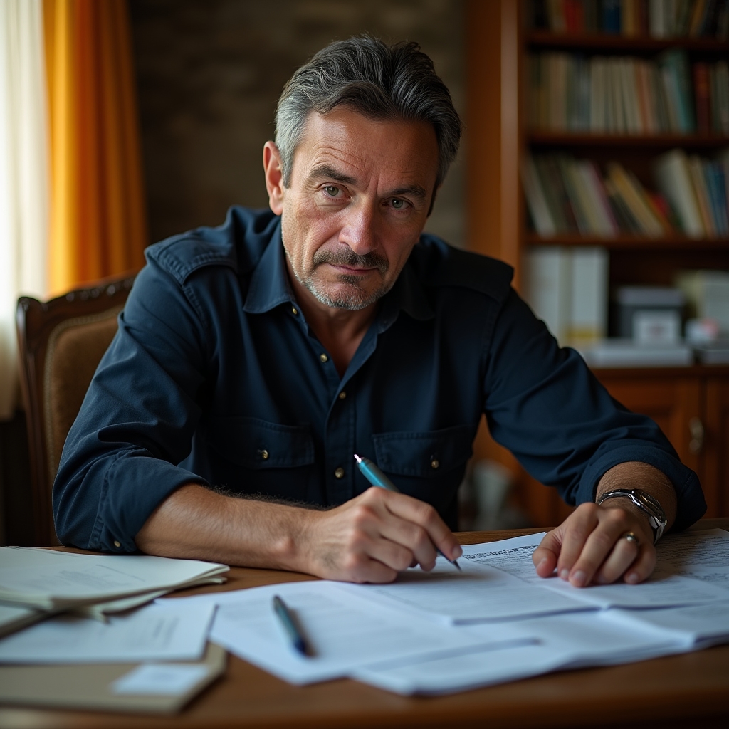 Фермер изучает документы за рабочим столом